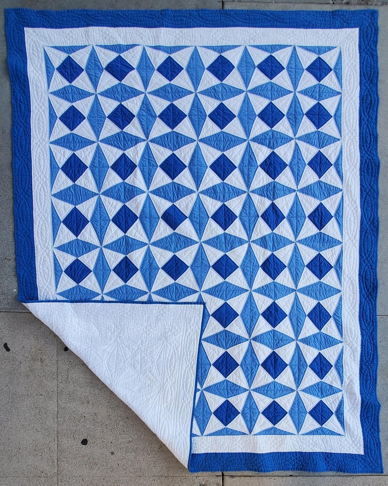 Geometric Blue and White Quilt For Sale at 1stDibs