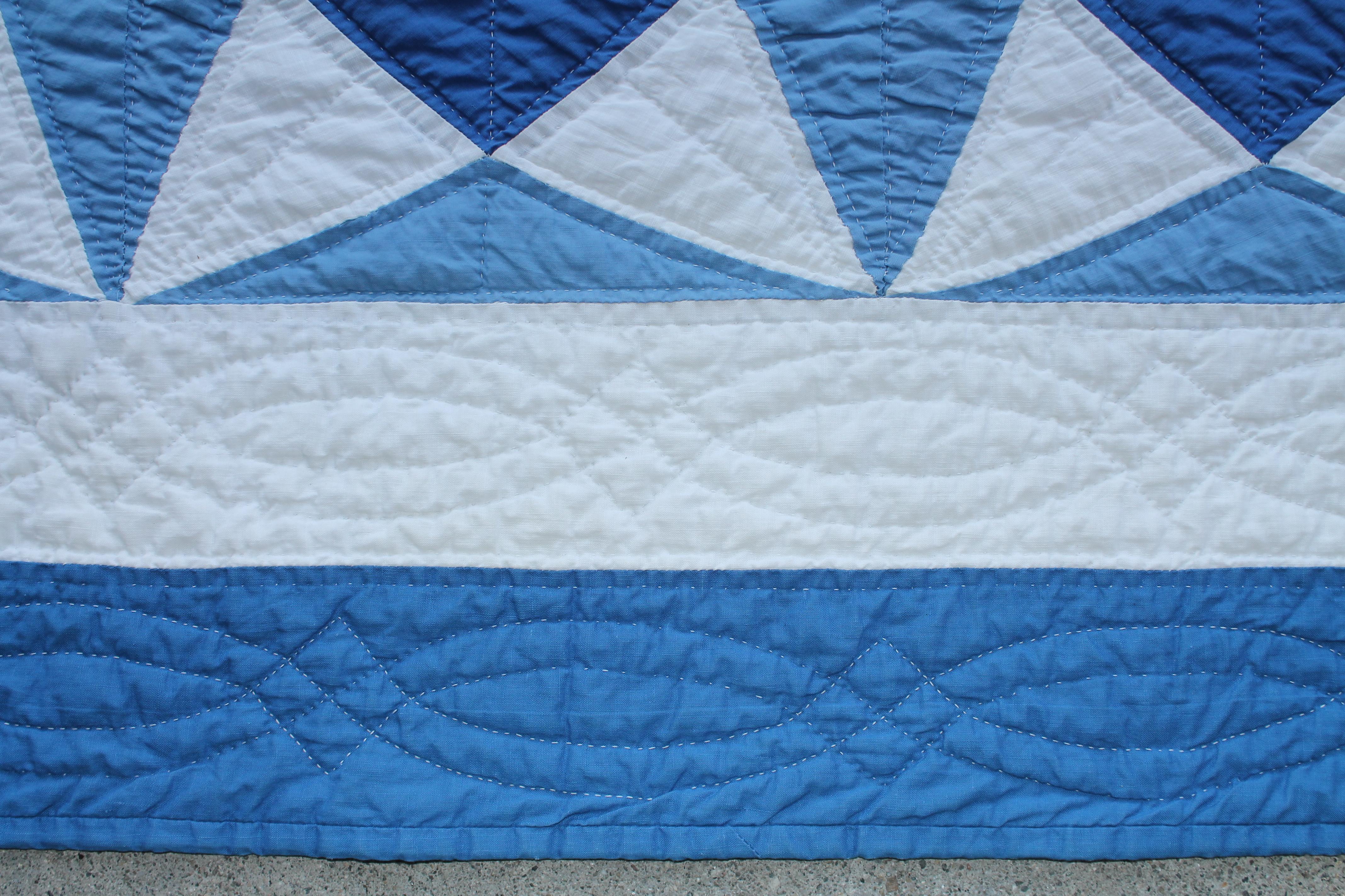 Hand-Crafted Geometric Blue & White Quilt For Sale