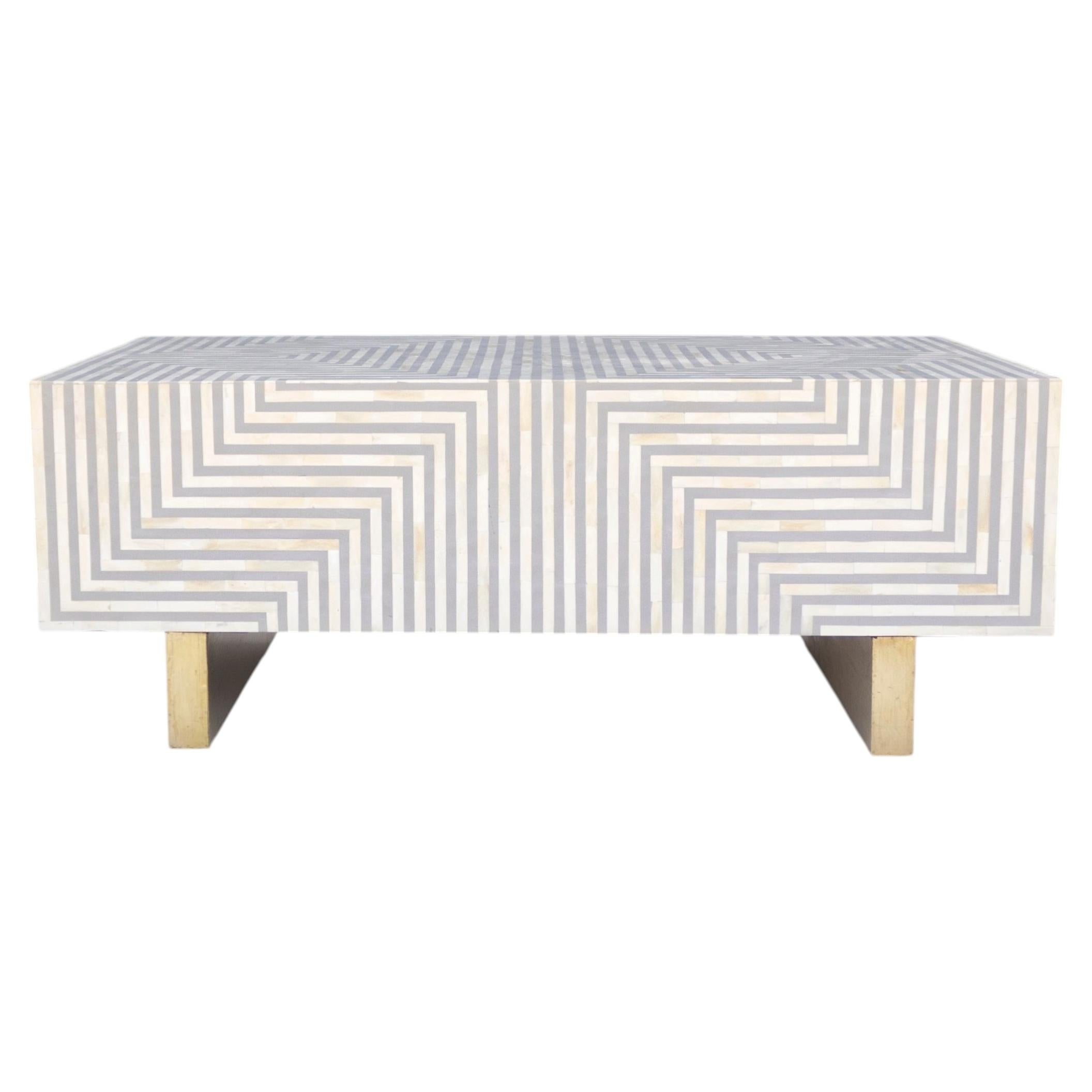 Geometric Bone Inlay Coffee Table with Hammered Brass Legs by House of Jaipur
