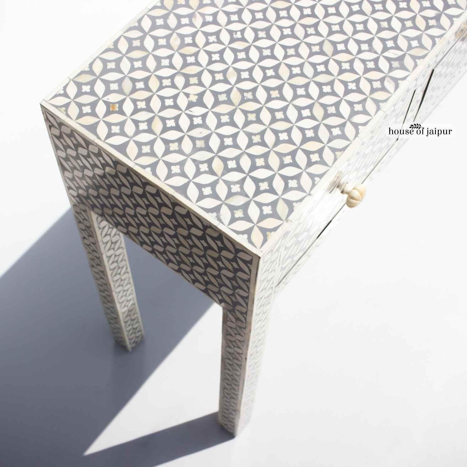 Art Deco Geometric Bone Inlay Console Table with Four Drawers by House of Jaipur For Sale