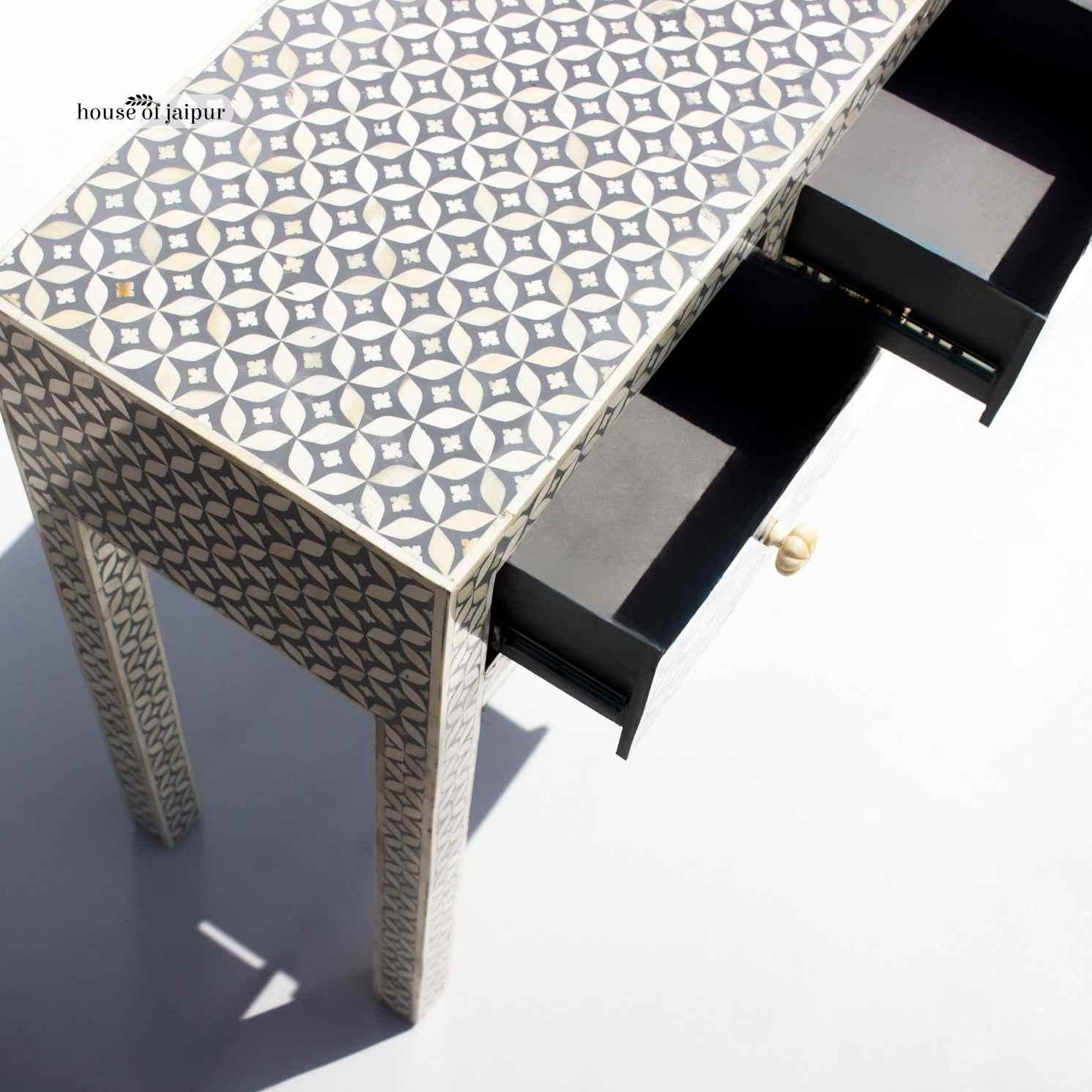 Indian Geometric Bone Inlay Console Table with Four Drawers by House of Jaipur For Sale