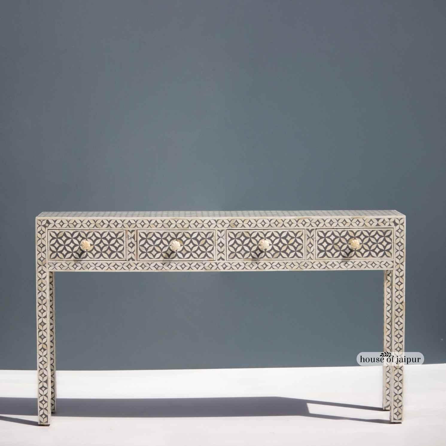 Geometric Bone Inlay Console Table with Four Drawers by House of Jaipur In New Condition For Sale In New York, NY