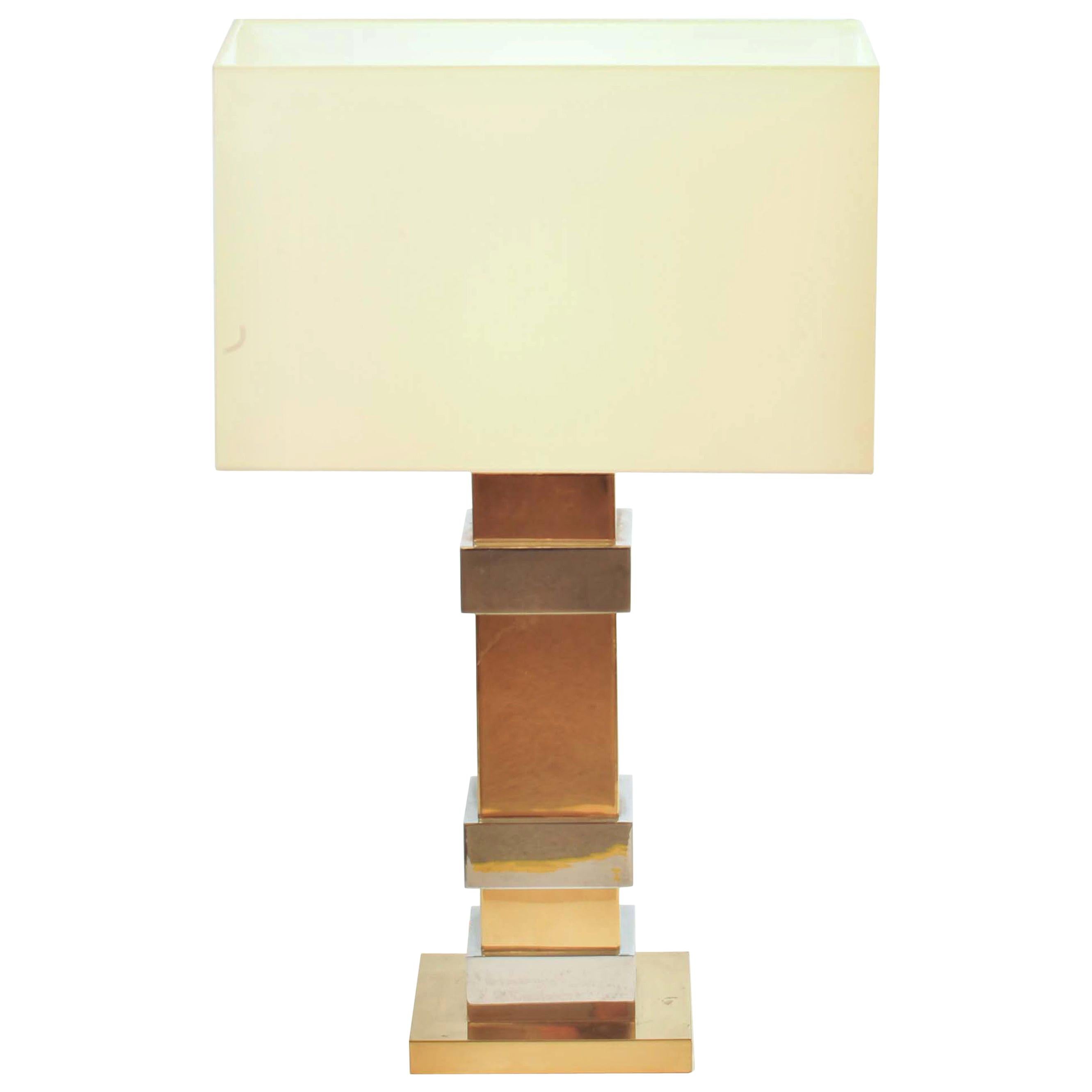Large Geometric Brass and Chrome Table Lamp by Maison Charles, 1960s