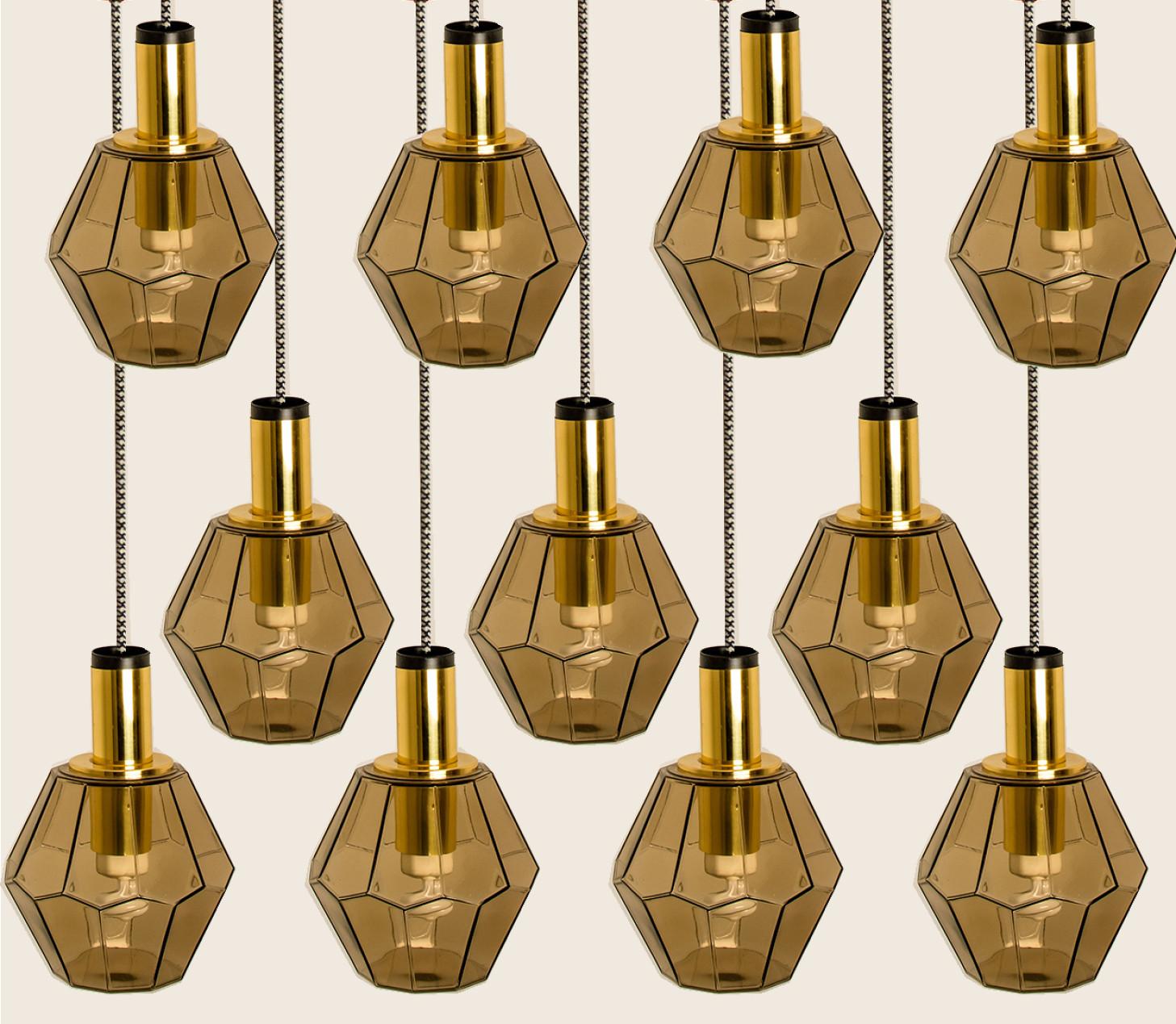Geometric Brass and Clear Glass Pendant Light by Limburg, 1970s For Sale 4