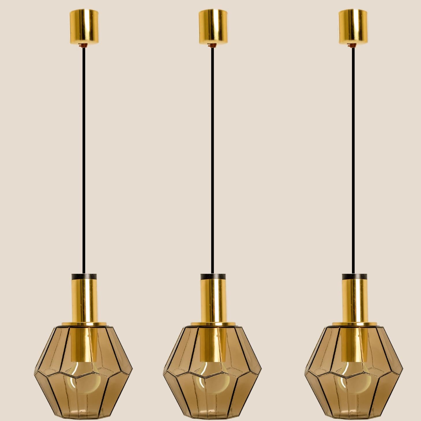 German Geometric Brass and Clear Glass Pendant Light by Limburg, 1970s For Sale