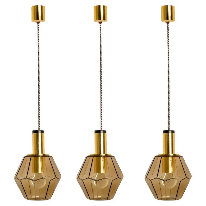 Geometric Brass and Clear Glass Pendant Light by Limburg, 1970s For Sale