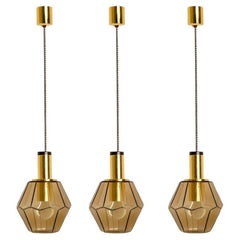 Vintage Geometric Brass and Clear Glass Pendant Light by Limburg, 1970s