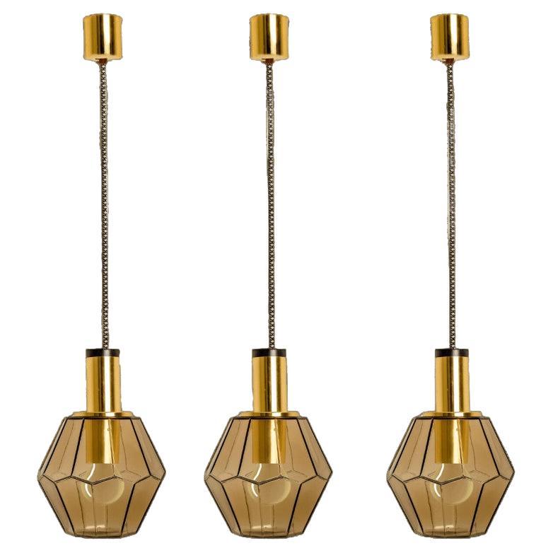 Geometrische Pendelleuchte aus Messing und klarem Glas von Limburg, 1970er Jahre im Angebot