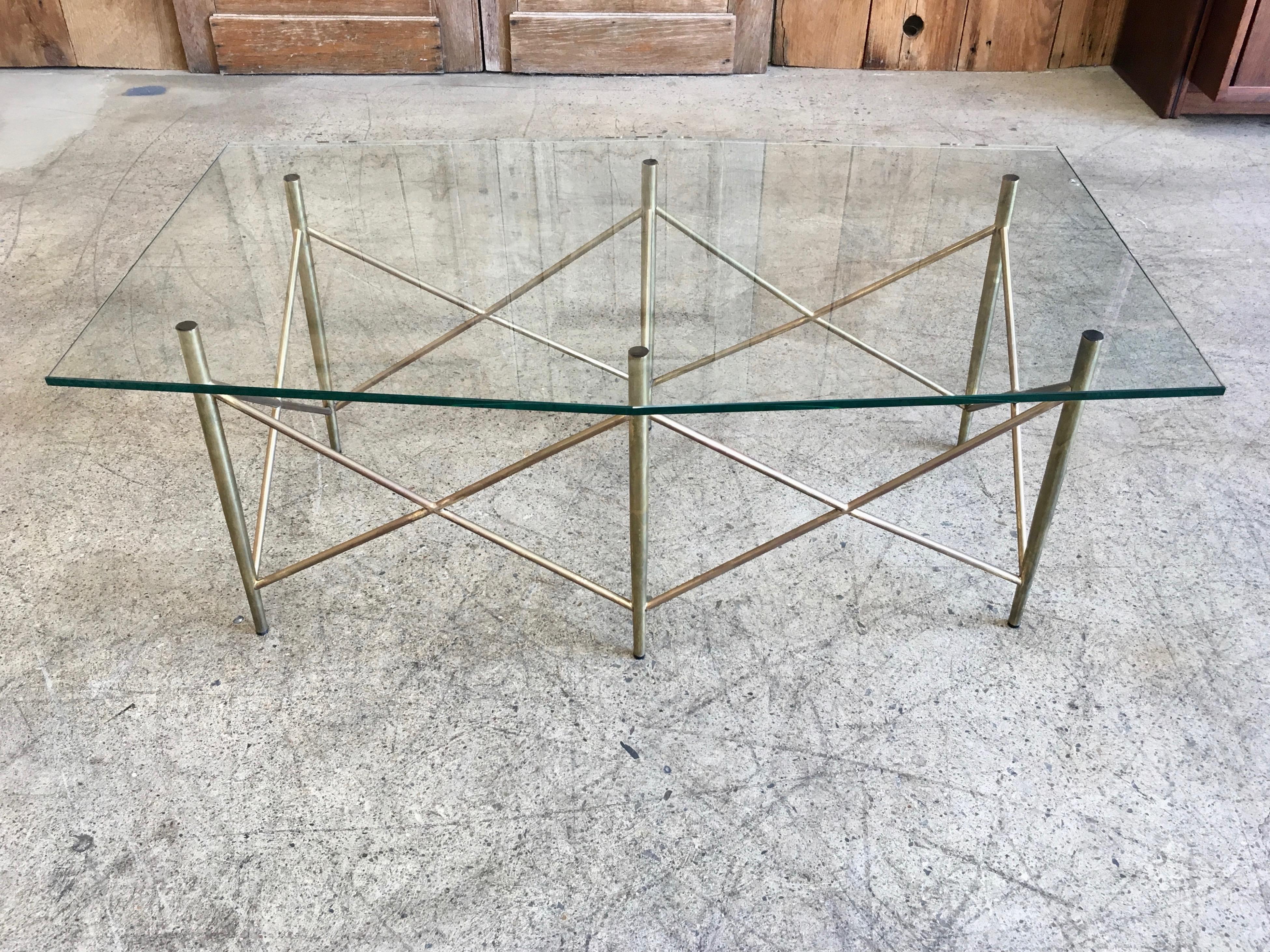 Intersecting brass tubes form a beautiful base for this custom hexagonal glass
