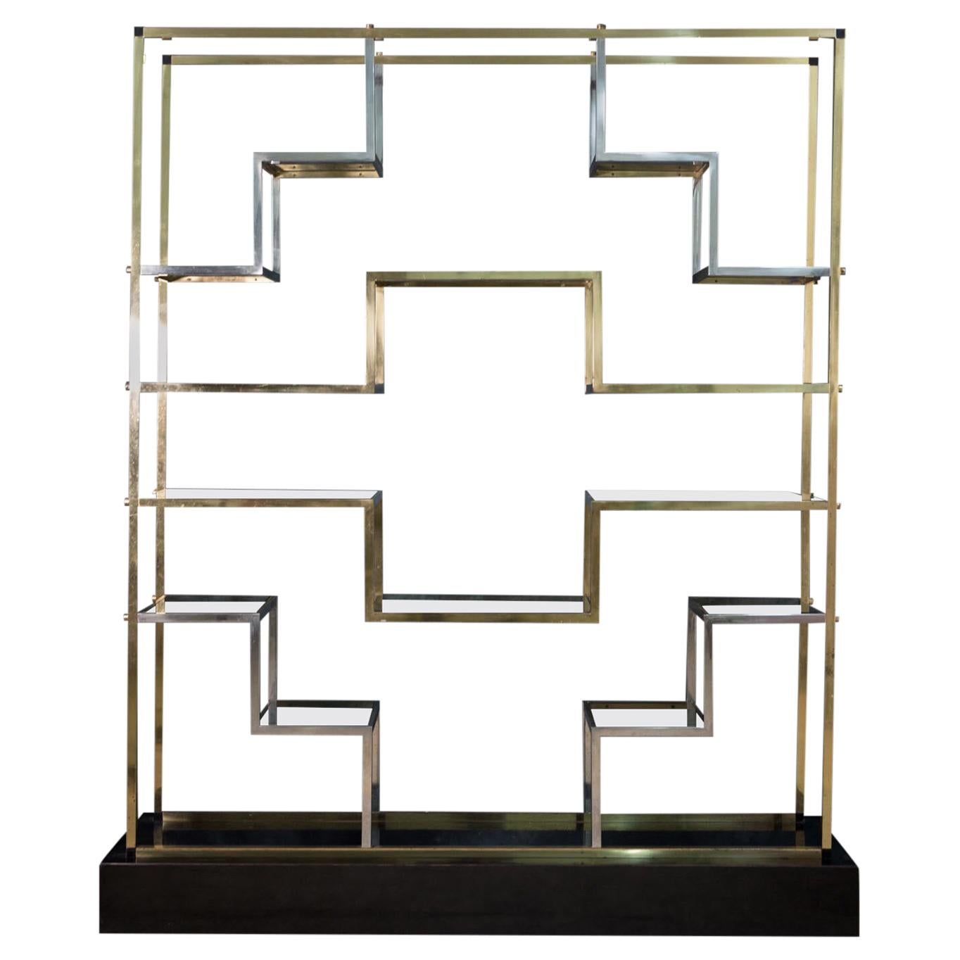 Romeo Rega Geometric Brass Étagère with Black Lacquered Wooden Base, Italy, 1980