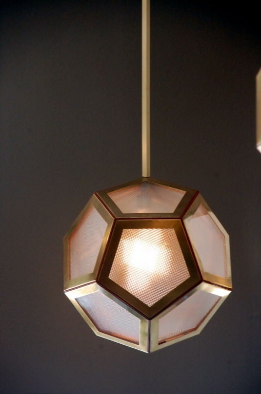Modern Geometric Brass, Tan Leather and Glass 'Pentagone' Lantern by Design Frères For Sale