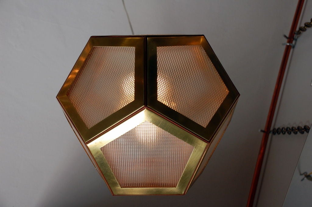 Austrian Geometric Brass, Tan Leather and Glass 'Pentagone' Lantern by Design Frères For Sale