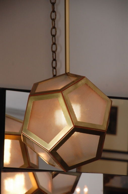 Geometric Brass, Tan Leather and Glass 'Pentagone' Lantern by Design Frères In Excellent Condition For Sale In Los Angeles, CA