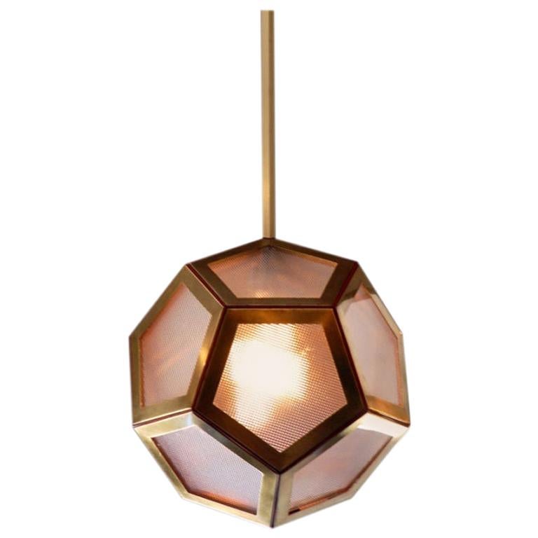 Geometric Brass, Tan Leather and Glass 'Pentagone' Lantern by Design Frères