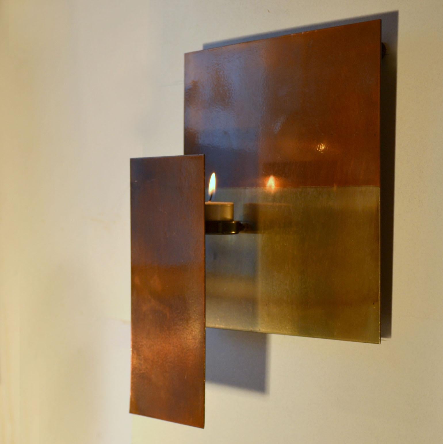 Minimalist Geometric Brass Wall Candle Holders and Wall Geometric Relief For Sale