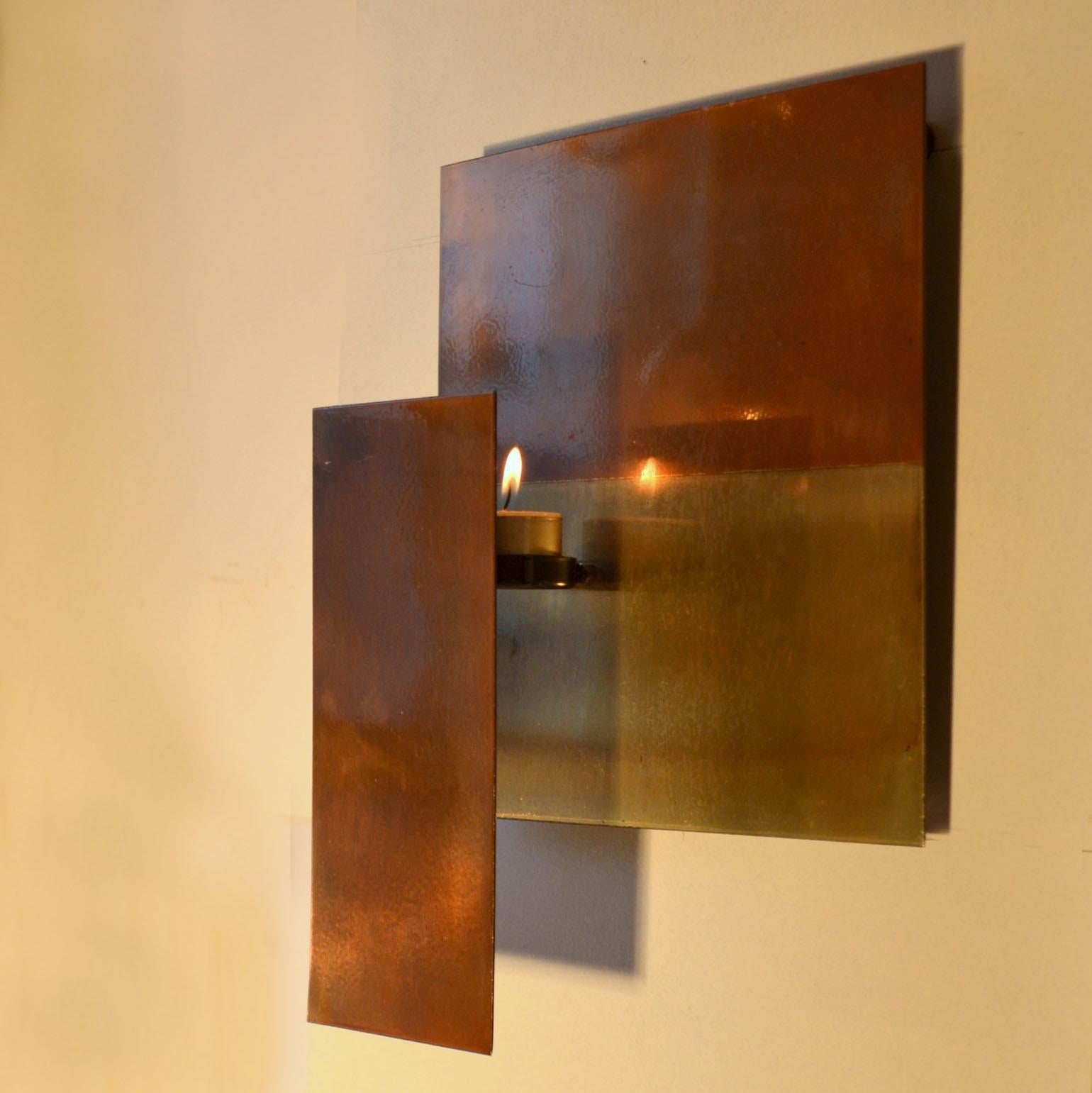 Geometric Brass Wall Candle Holders and Wall Geometric Relief In Excellent Condition In London, GB
