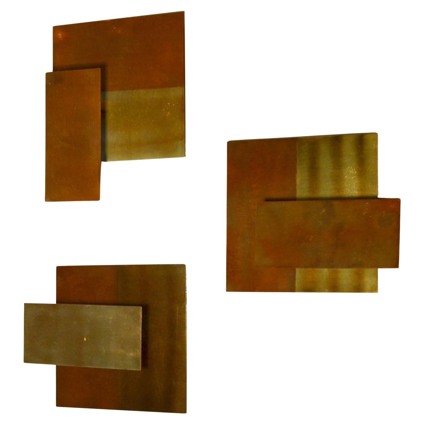 1970's Geometric Brass Wall Candle Holders - Minimalist Reliefs For Sale