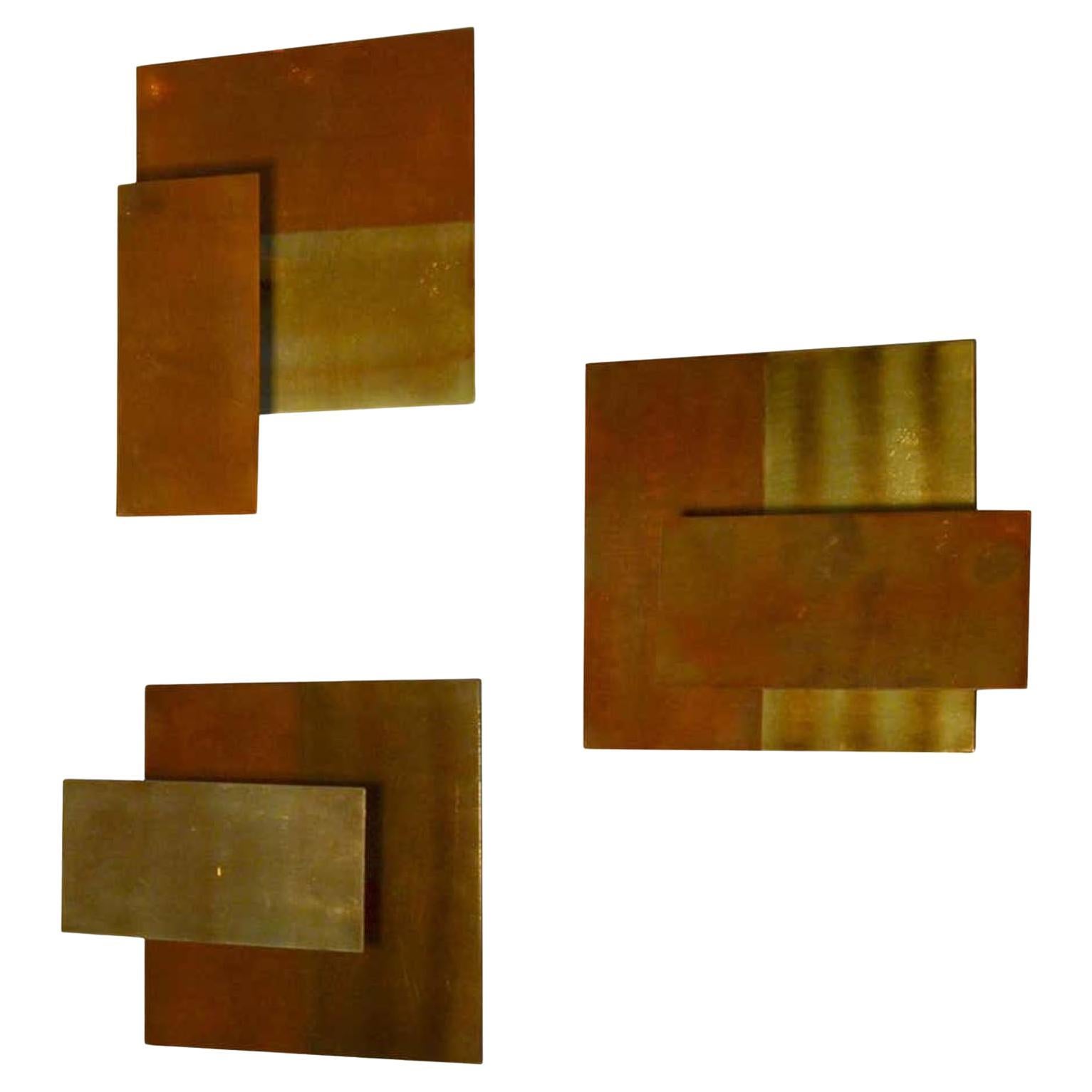 Geometric Brass Wall Candle Holders and Wall Geometric Relief For Sale