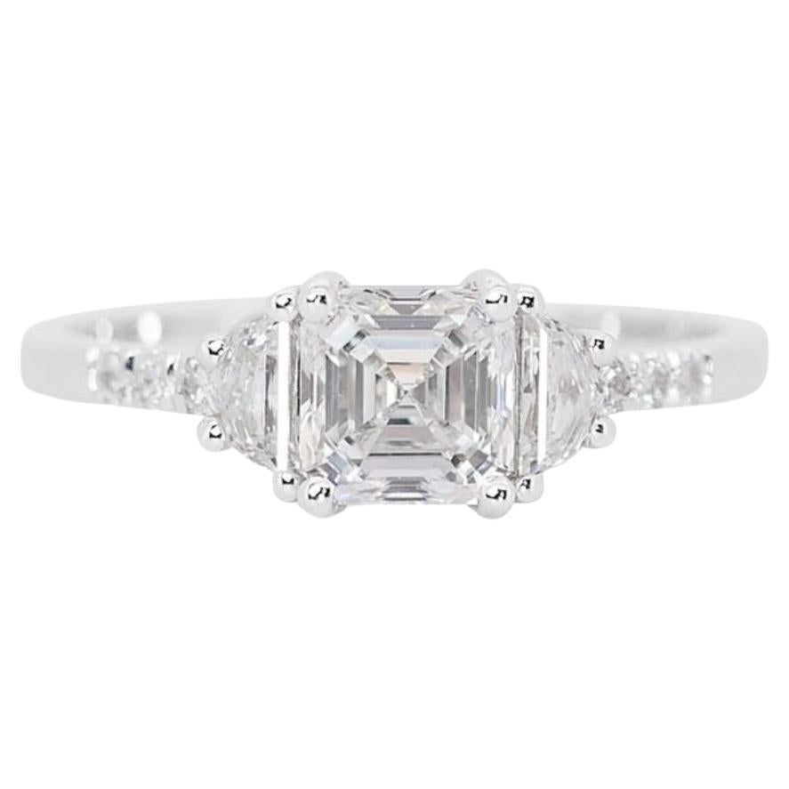 Geometric Brilliance: 1.01 Carat Asscher Diamond Ring with Exquisite Accents For Sale