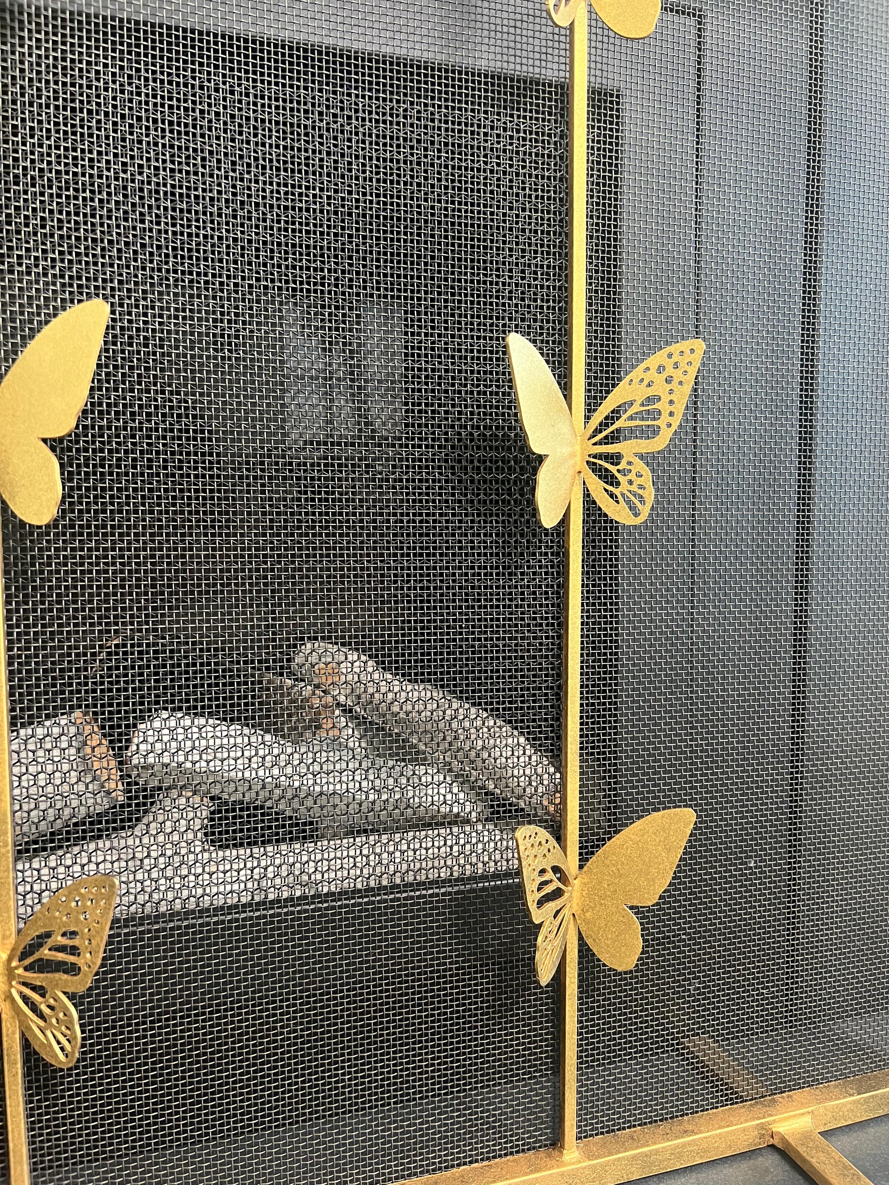 Welded Geometric Butterfly Fire Screen in Brilliant Gold, Ready to Ship For Sale