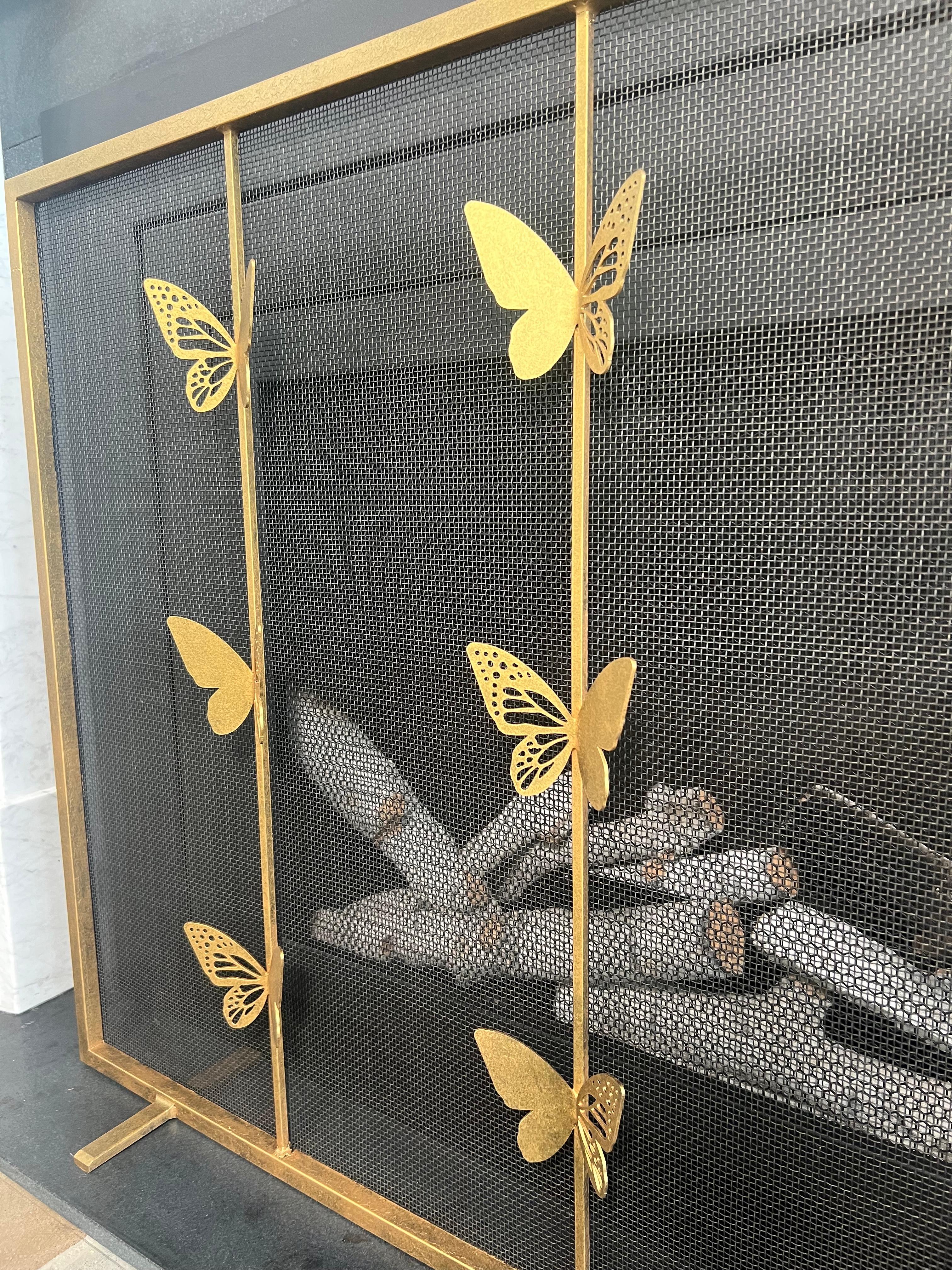 Welded Geometric Butterfly Fire Screen in Brilliant Gold, Ready to Ship For Sale