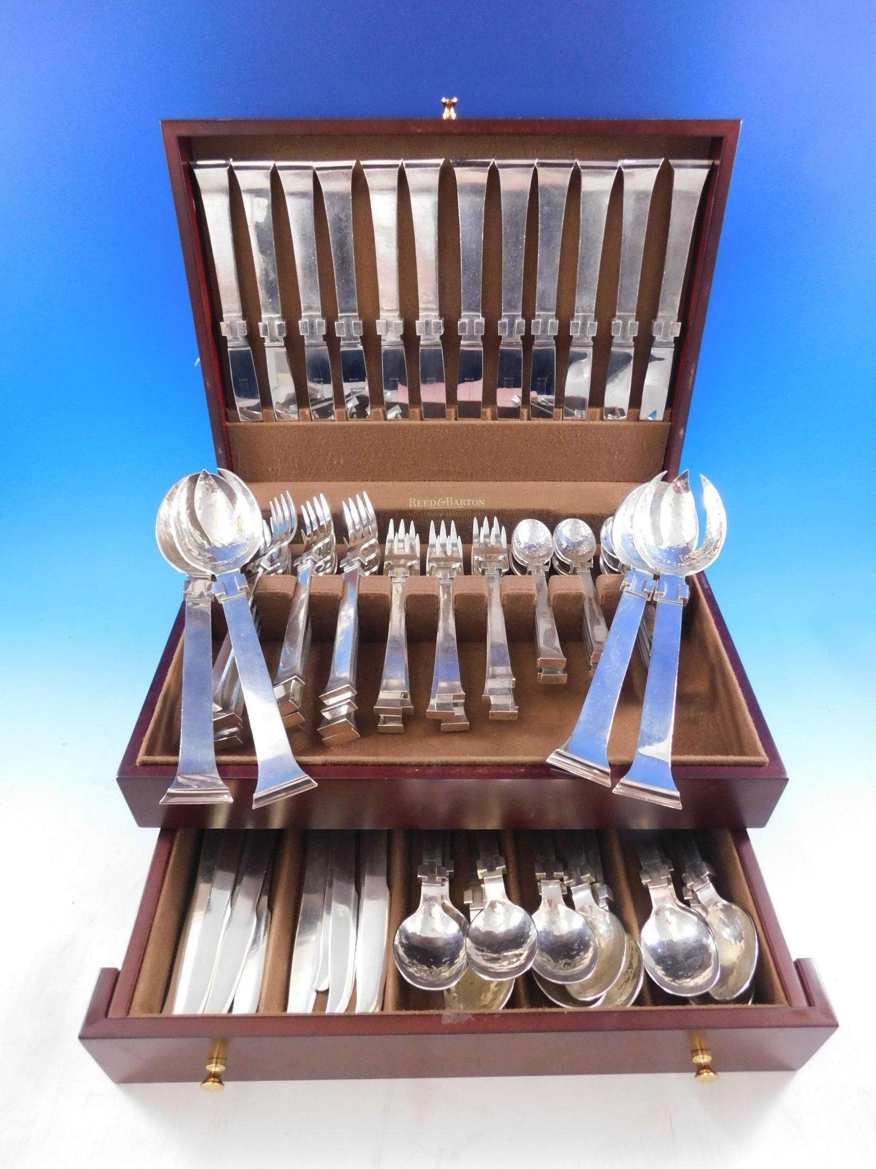 Exceedingly rare 76-piece set of sterling silver flatware by Antonio Pineda, Taxco, Mexico in the scarce “Geometric” pattern, circa 1953-1979. This design features a hammered and smooth-finish with a unique three-dimensional geometric