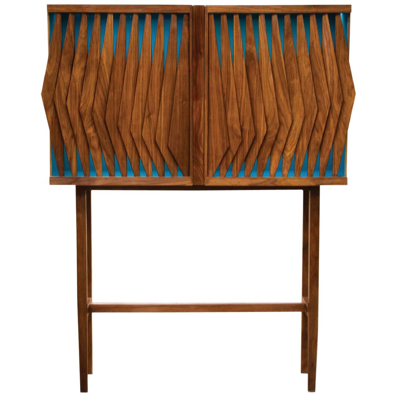 Geometric Cabinet with Light, Walnut and Tzalám Solid Wood, Crafted in México For Sale
