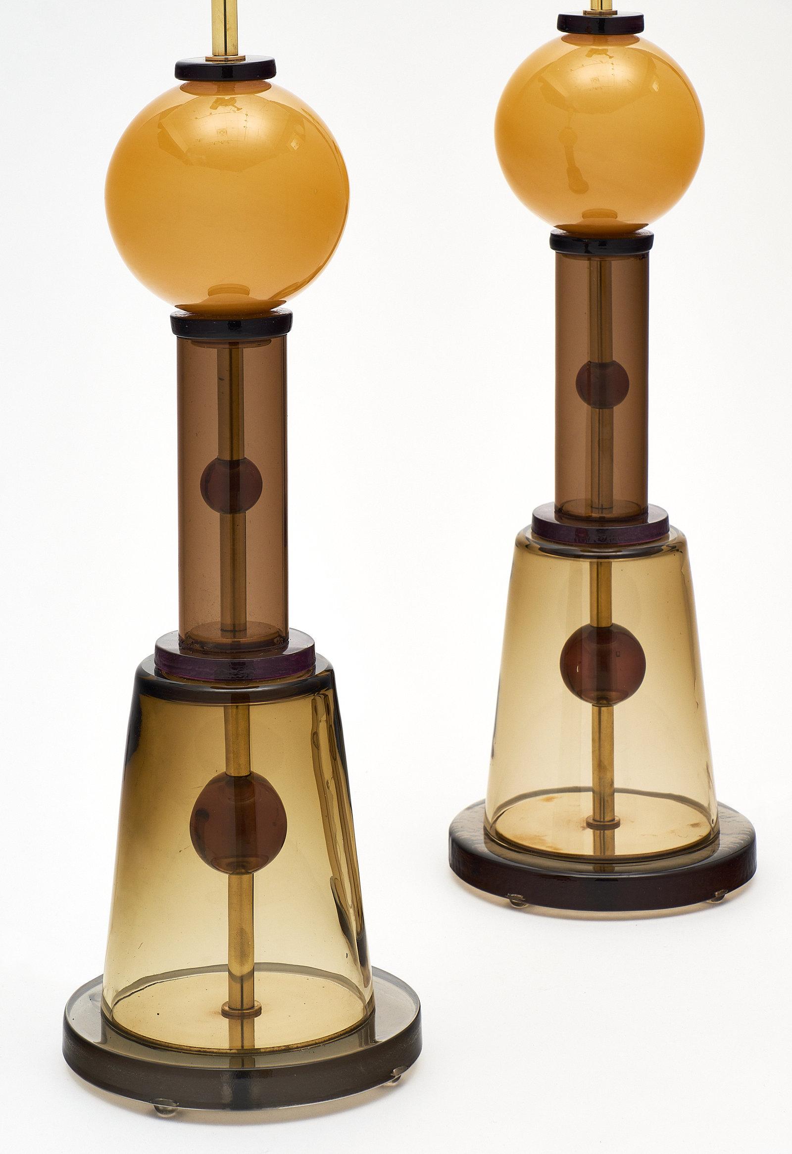 Geometric Caramel Murano Glass Lamps In Excellent Condition In Austin, TX