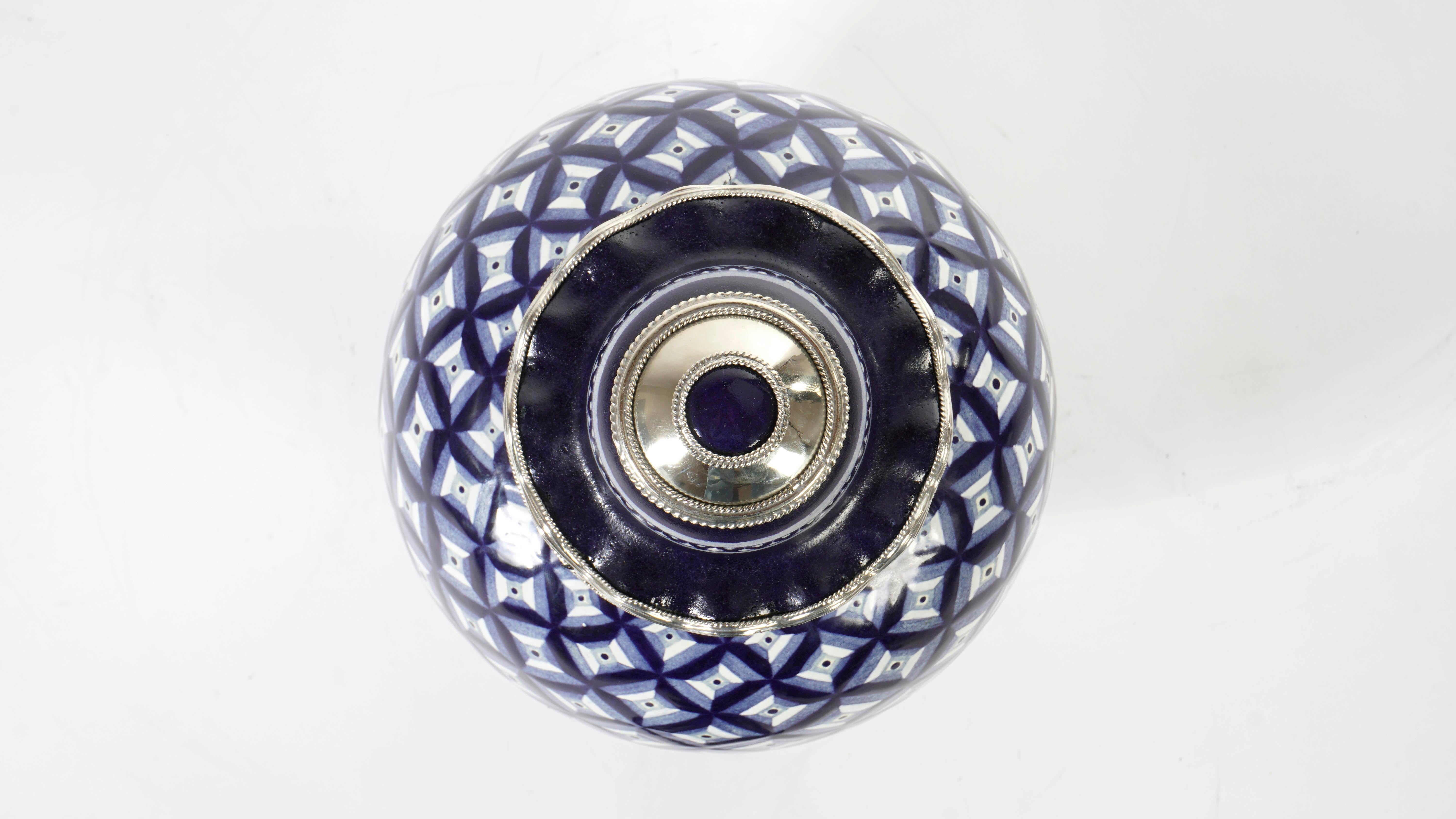 Mexican Geometric Cerámic Jar and White Metal ‘Alpaca’, Handmade