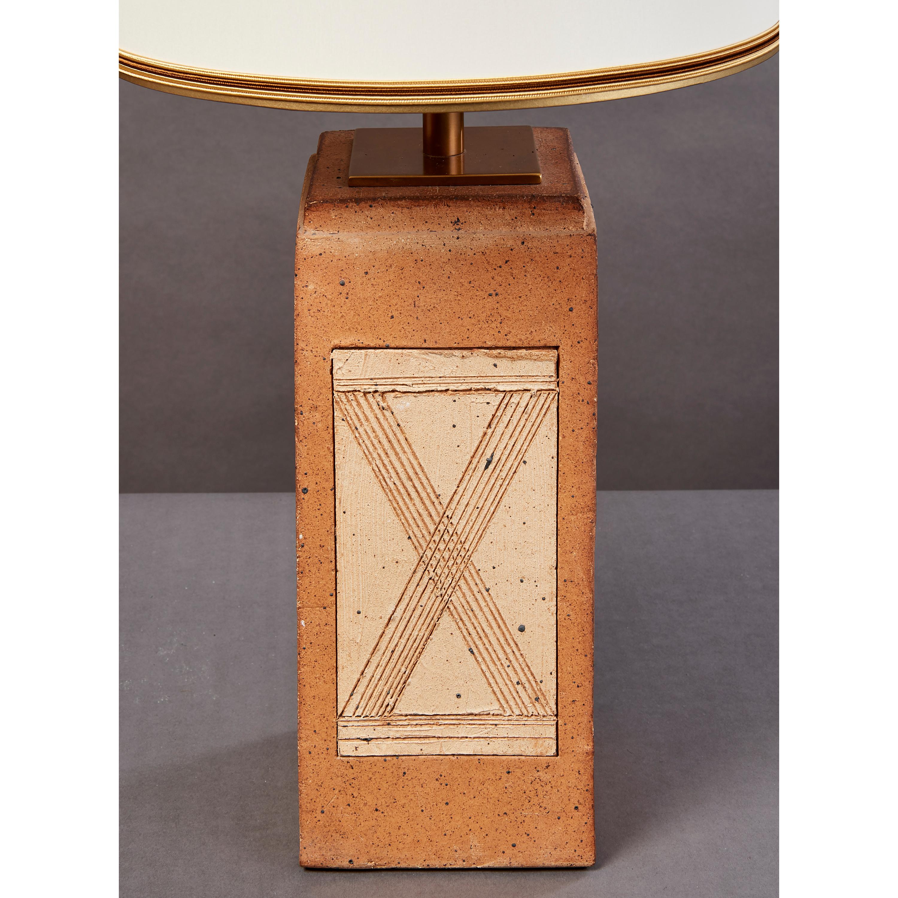 Mid-Century Modern Geometric Ceramic Lamp with Abstract Decor, France, 1970s