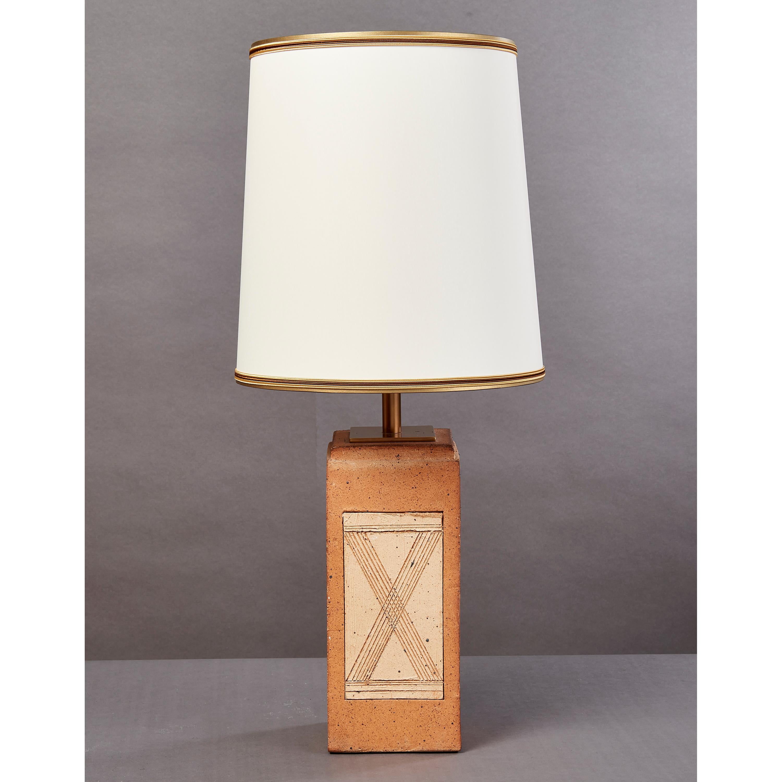 French Geometric Ceramic Lamp with Abstract Decor, France, 1970s