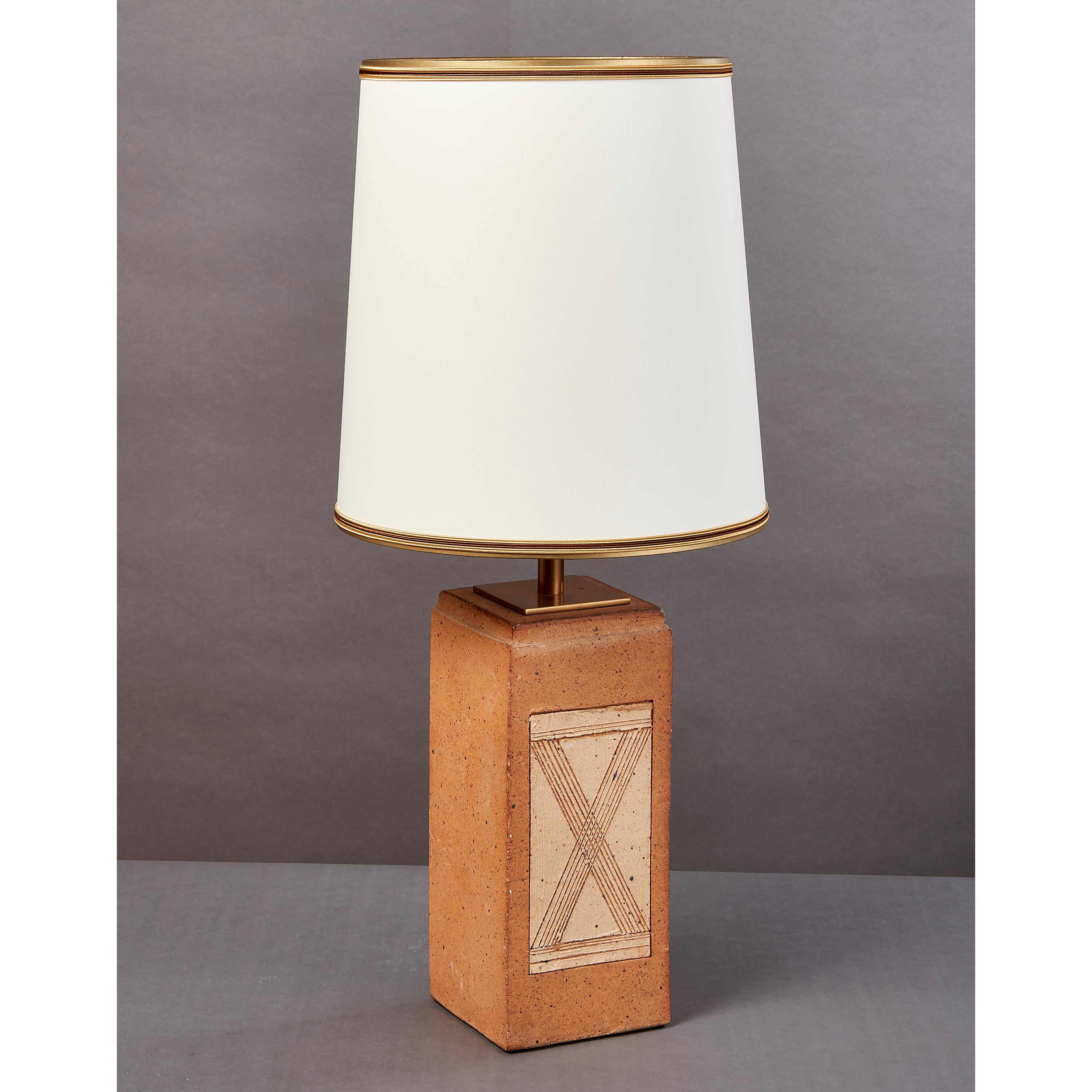 Late 20th Century Geometric Ceramic Lamp with Abstract Decor, France, 1970s