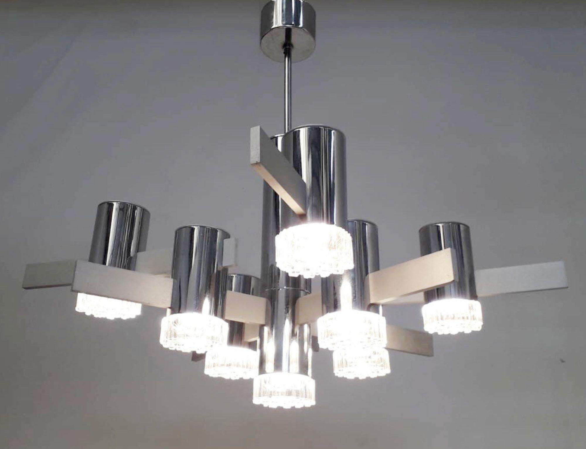 Metallo Lampadario geometrico di Gaetano Sciolari, Italia, anni '70. in vendita