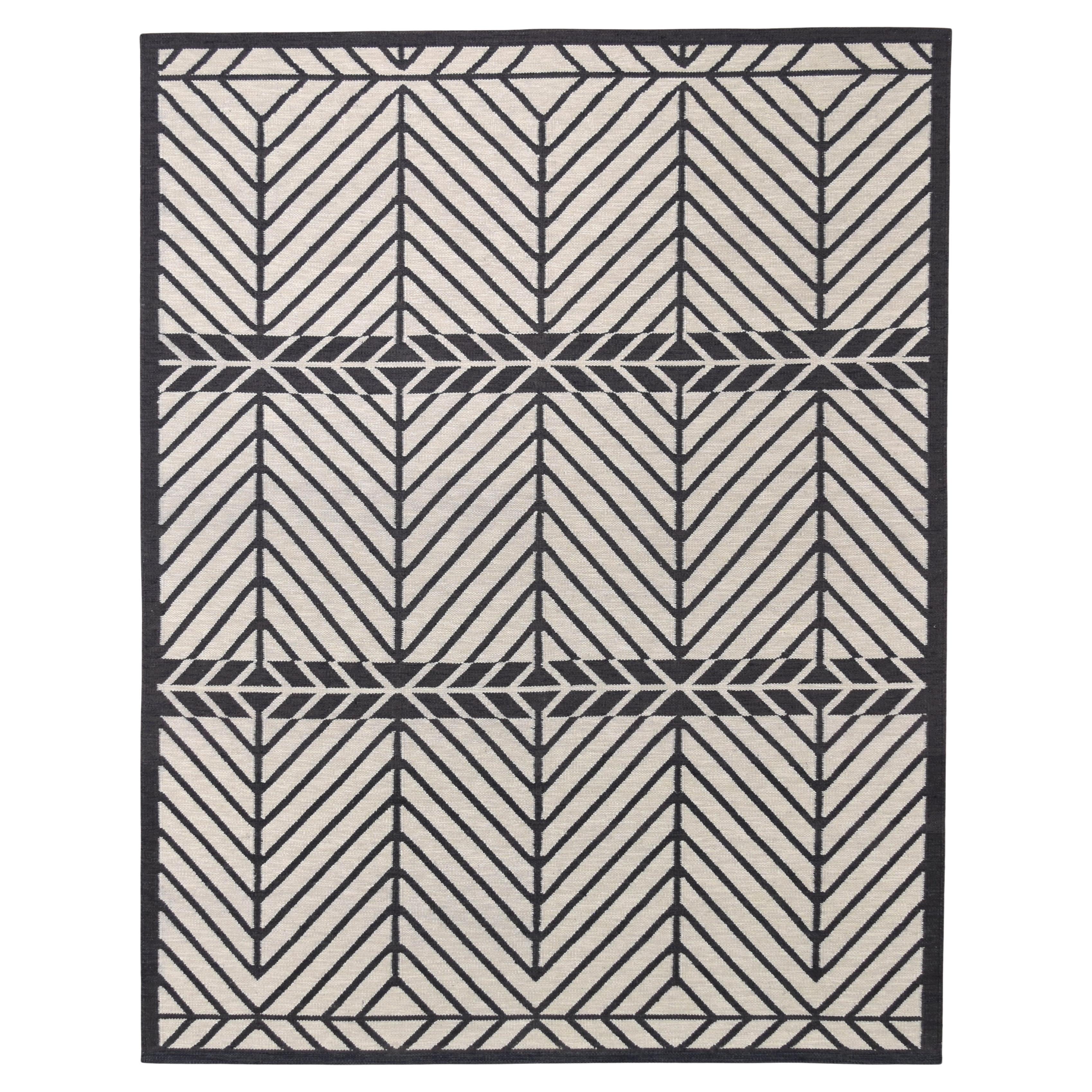 Geometric Charcoal Grey Chevron Designed Wool Flatweave Rug 9'4''x12'