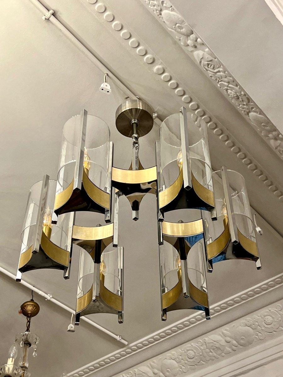  Geometric Chrome and Gold Gaetano Sciolari Chandelier, 60s-70s In Good Condition In NICE, FR