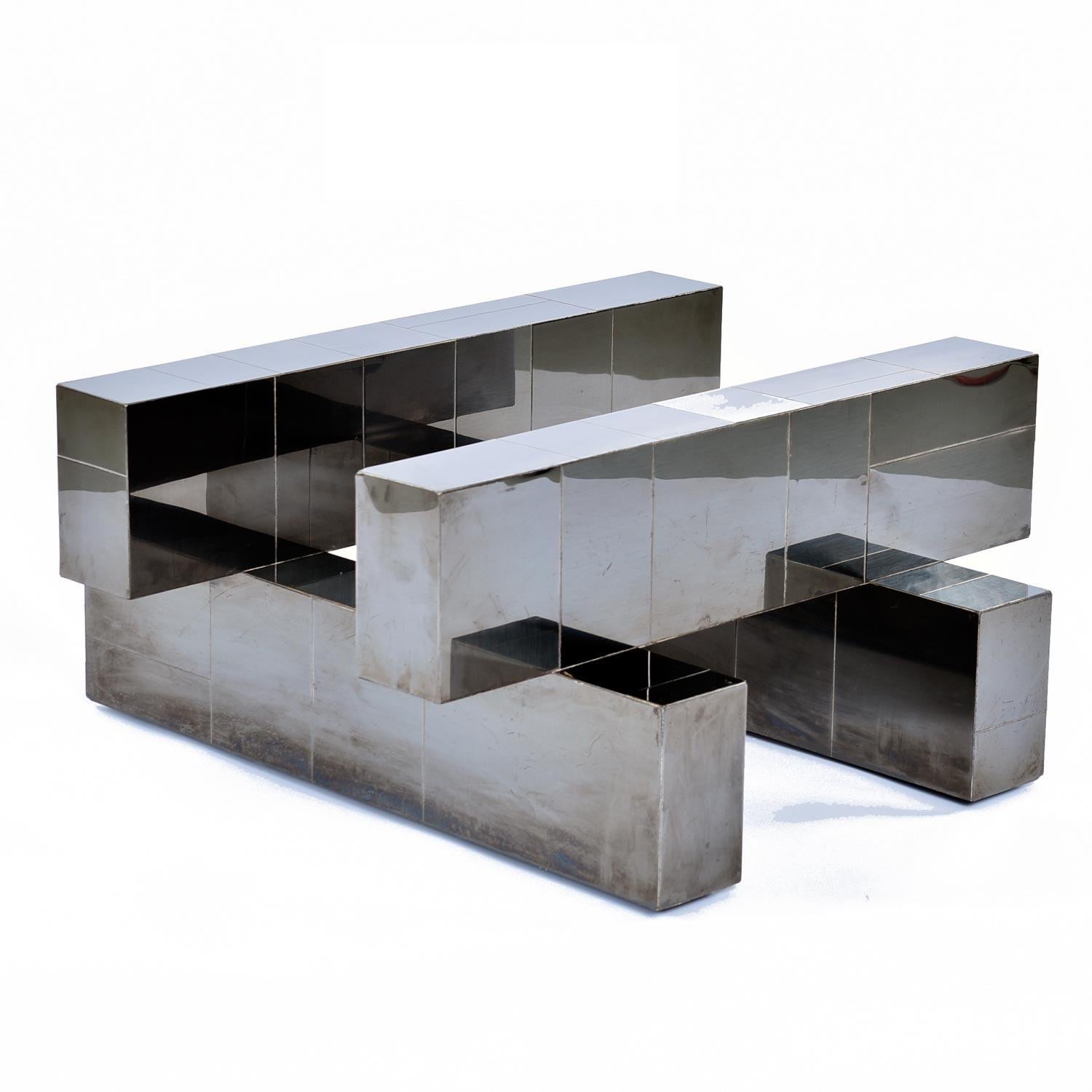 Late 20th Century Geometric Chromed Steel Cityscape Coffee Table with Round Glass by Paul Evans