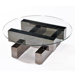 Geometric Chromed Steel Cityscape Coffee Table with Round Glass by Paul Evans