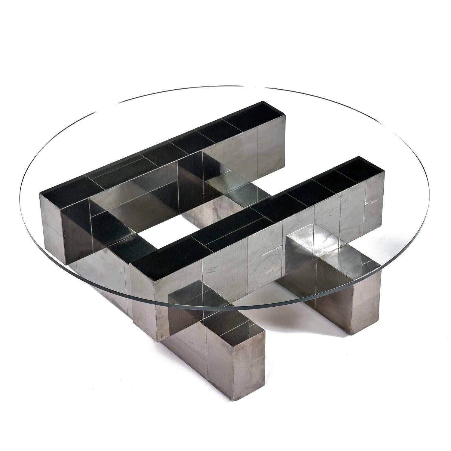 Mid-Century Modern Geometric Chromed Steel Cityscape Coffee Table with Round Glass by Paul Evans