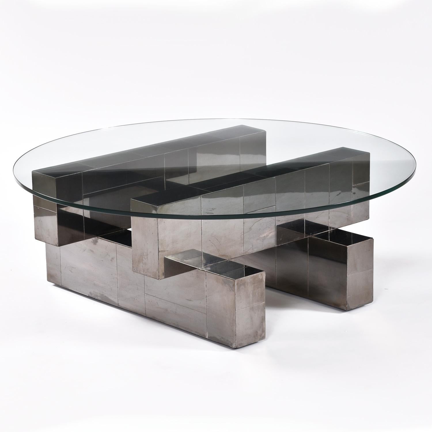 American Geometric Chromed Steel Cityscape Coffee Table with Round Glass by Paul Evans