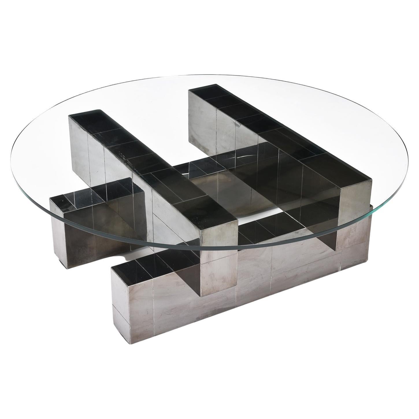 Geometric Chromed Steel Cityscape Coffee Table with Round Glass by Paul Evans