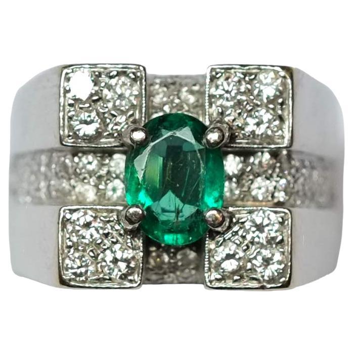 Geometric Cocktail Ring with Emeralds and Diamonds For Sale