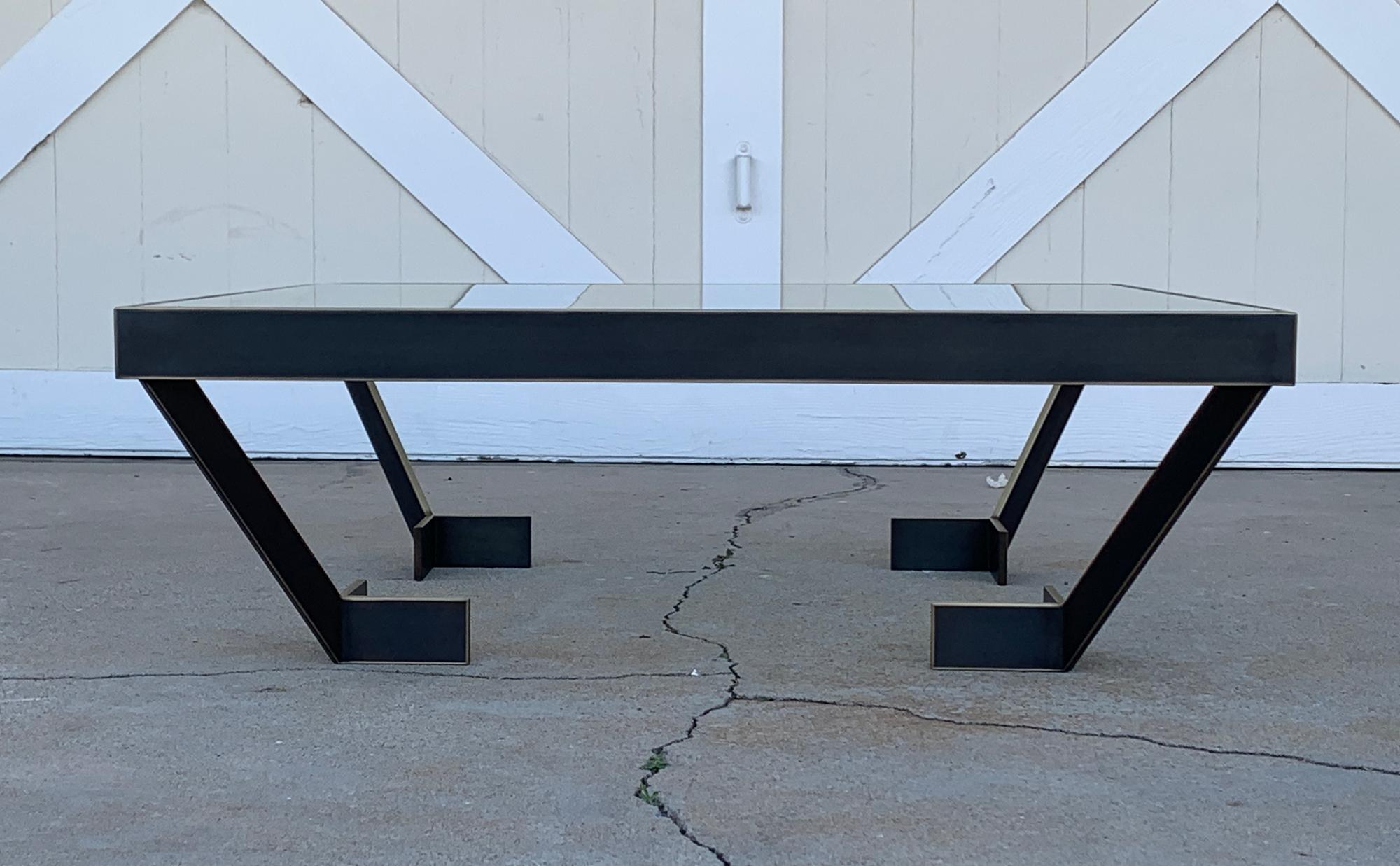 Modern Geometric Coffee Table in Solid Brass & Glass by Amparo Calderon Tapia For Sale