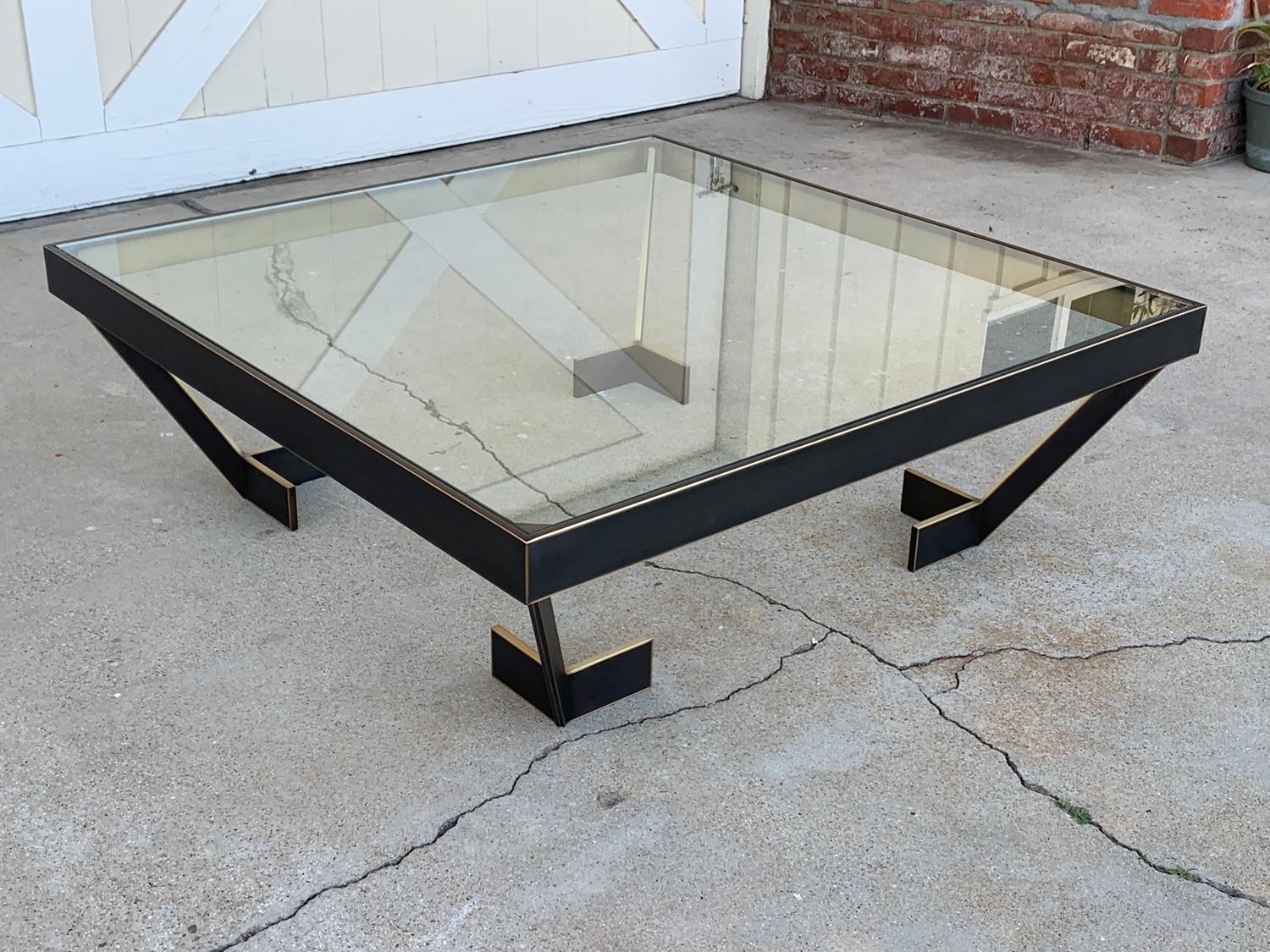 Burnished Geometric Coffee Table in Solid Brass & Glass by Amparo Calderon Tapia For Sale