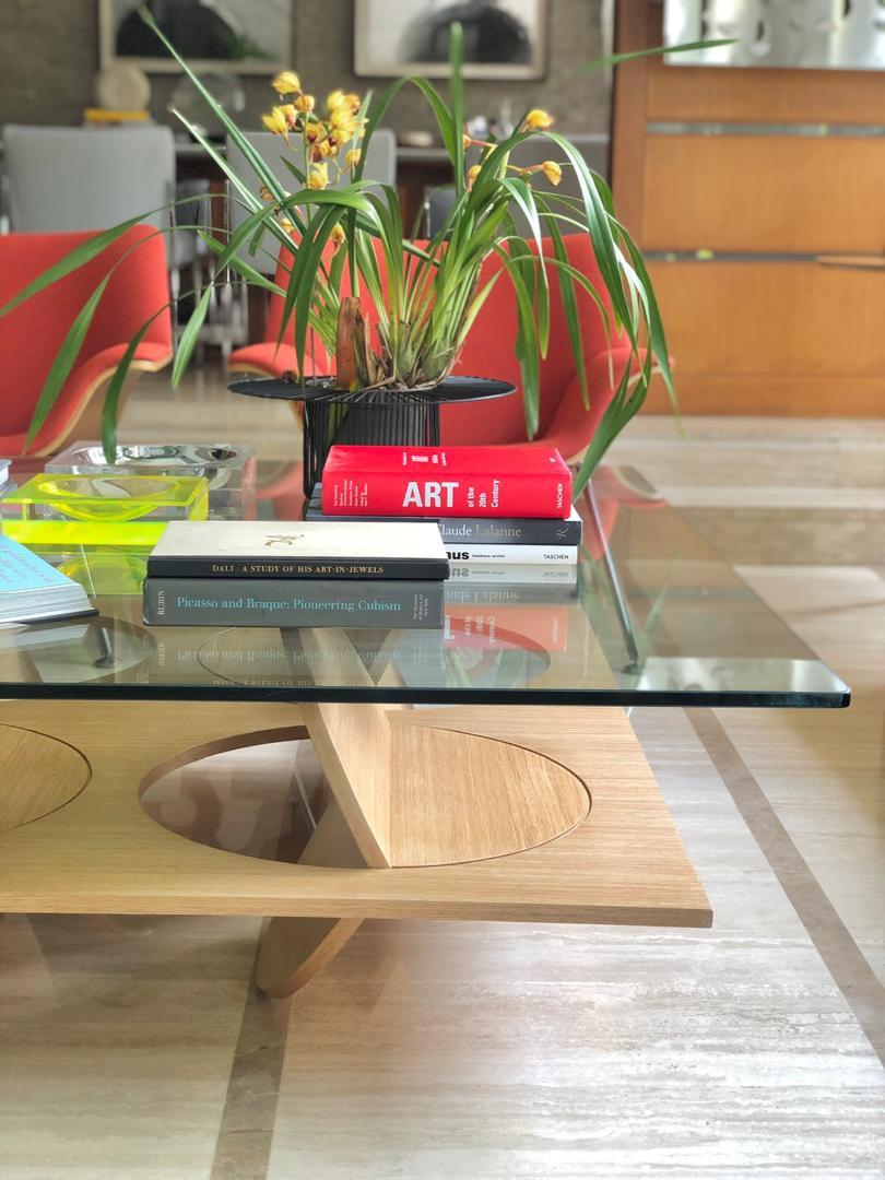 Geometric Coffee Table White Oak Wood Glass on Top by Ana Volante For Sale 3