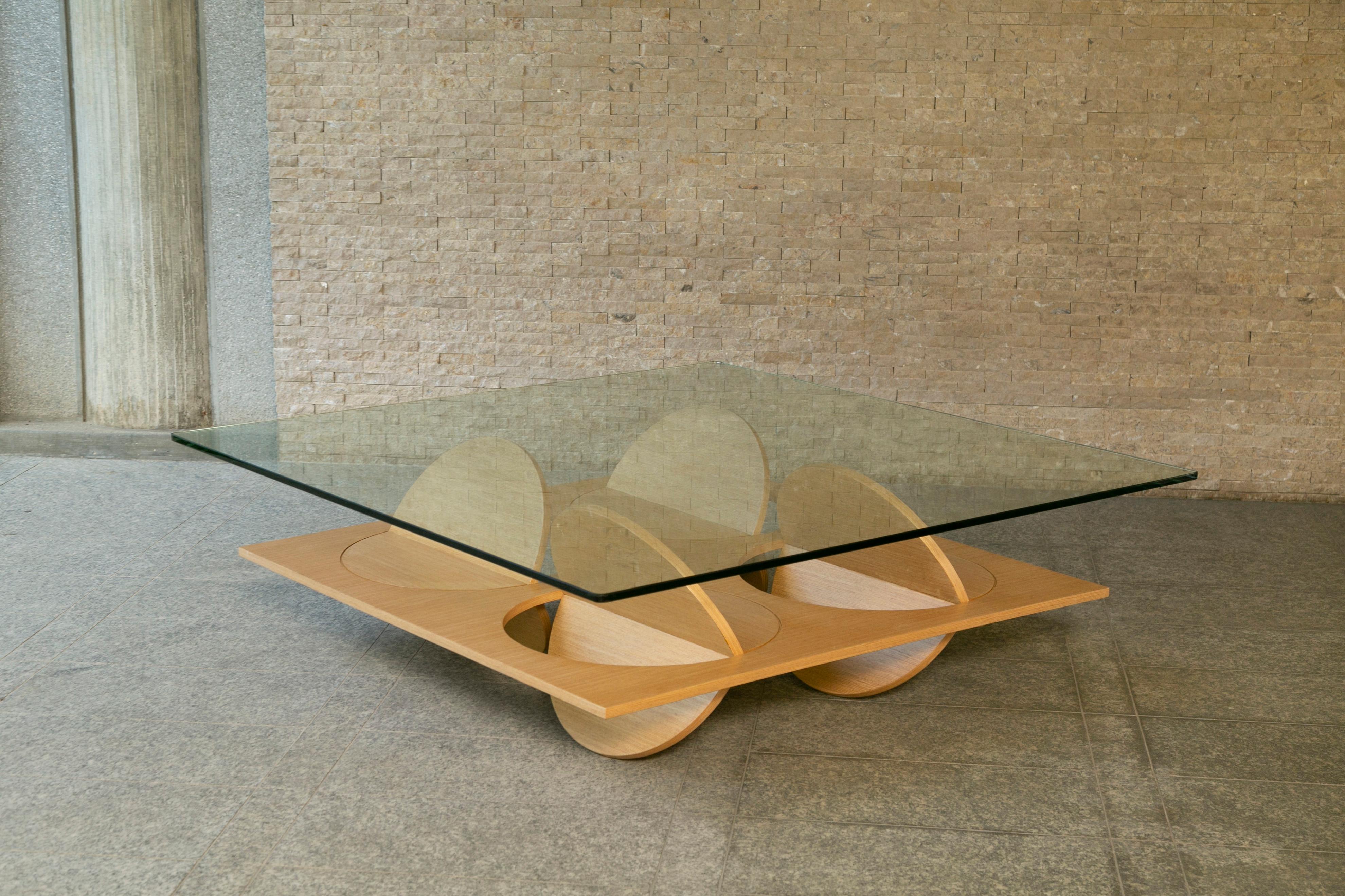Modern Geometric Coffee Table White Oak Wood Glass on Top by Ana Volante For Sale