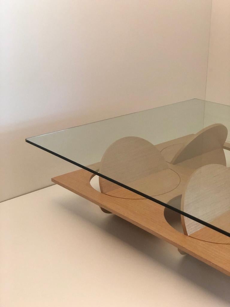 Contemporary Geometric Coffee Table White Oak Wood Glass on Top by Ana Volante For Sale