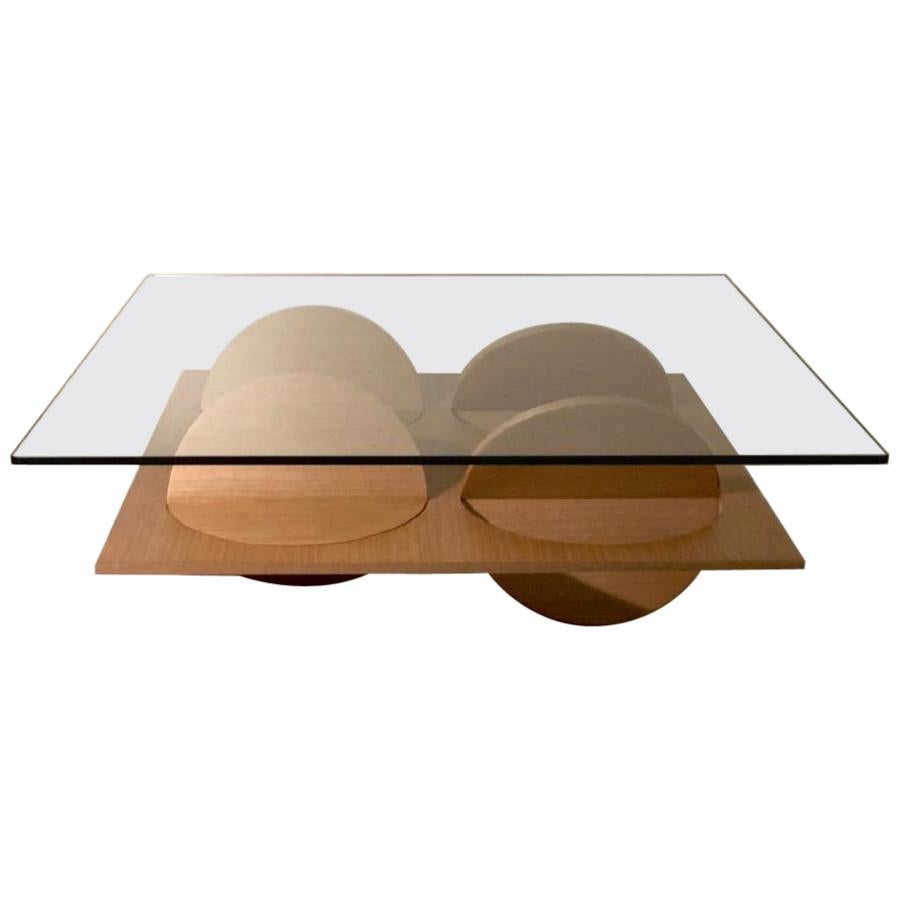 Geometric Coffee Table White Oak Wood Glass on Top by Ana Volante For Sale