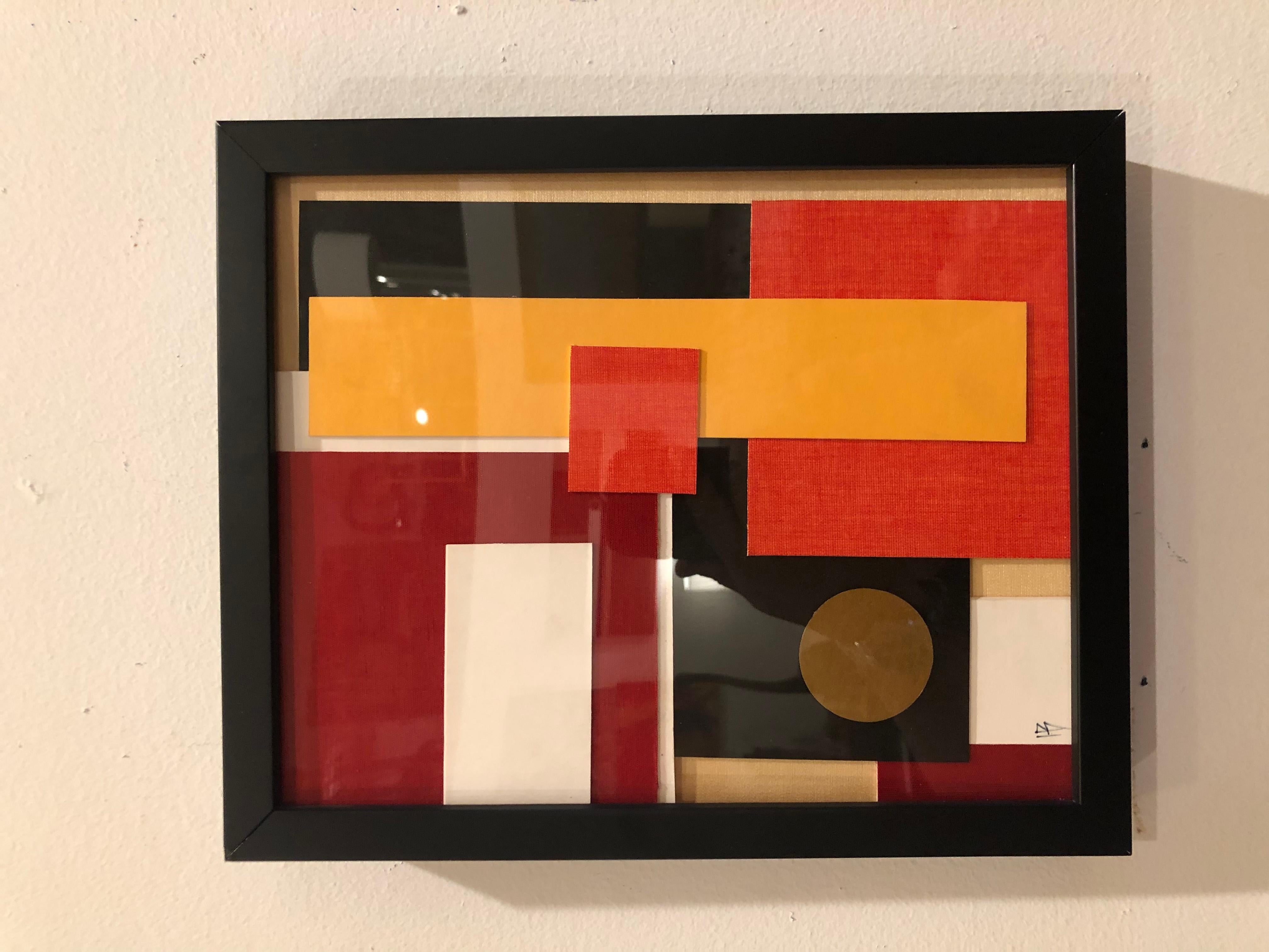 Geometric Collage by Artist Heather Borsche Contemporary Art, Whimsical collage by San Diego artist, framed piece with great colors and post Modern Memphis look.