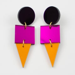 Geometric Color Block Purple, Pink and Orange Resin Dangle Pierced Earrings