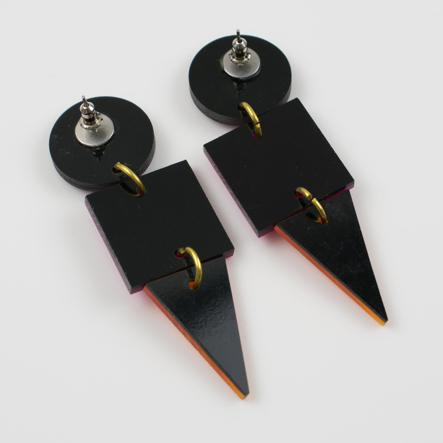 Geometric Color Block Purple, Pink and Orange Resin Dangle Pierced Earrings For Sale 3